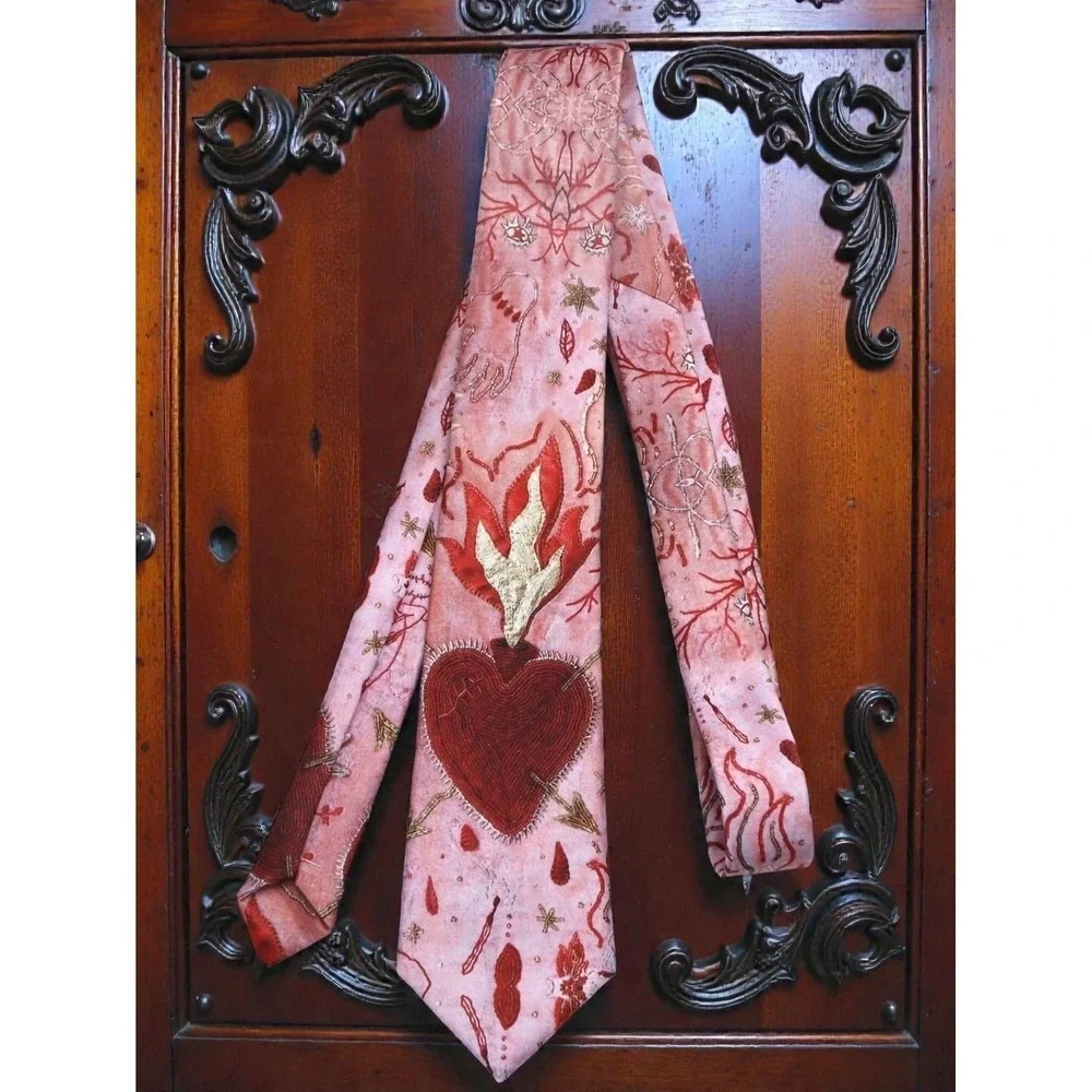 Sacred Heart Embroidery Printed Neck tie Pink Flaming Heart Gothic Victorian Bow